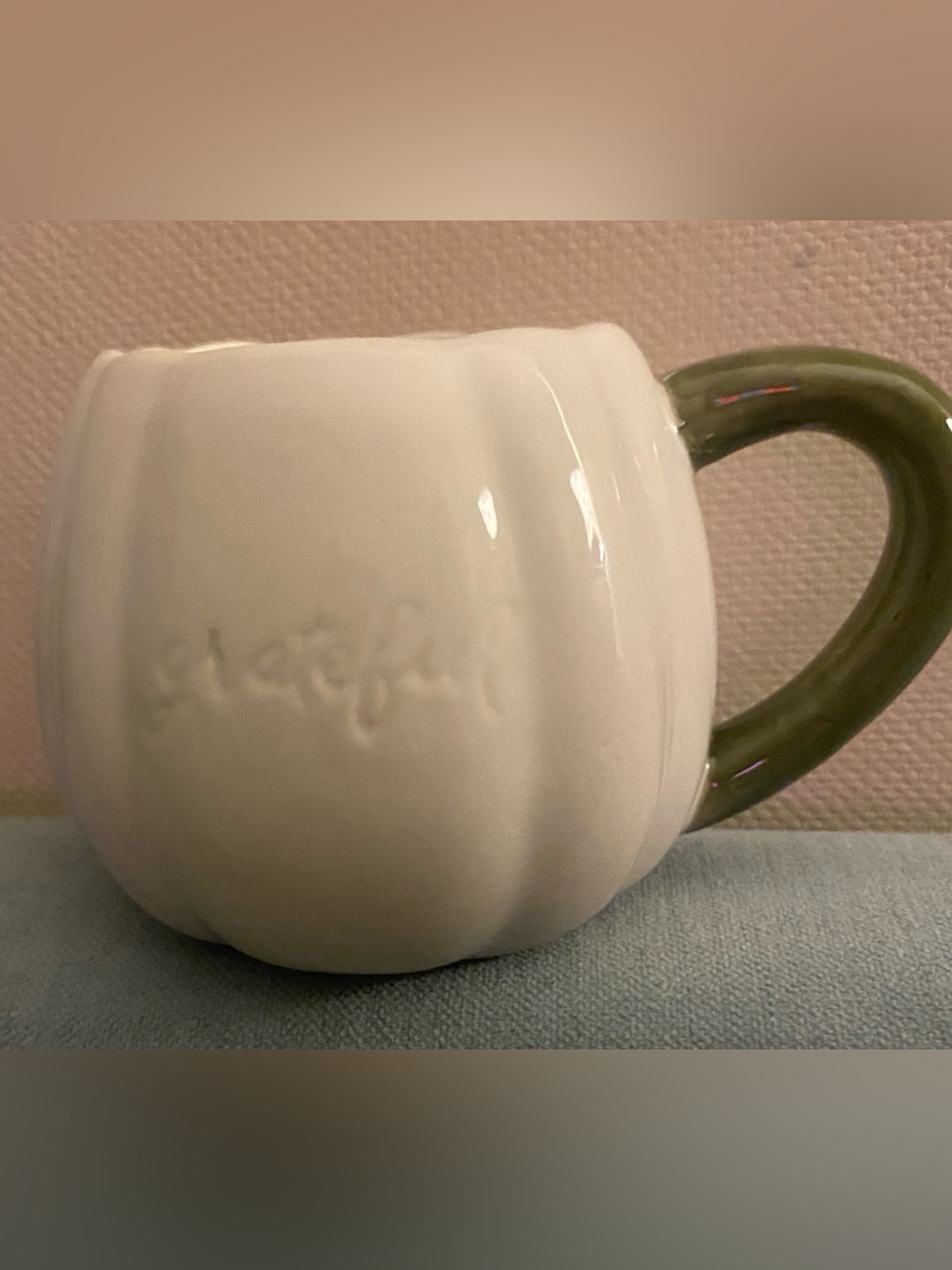 Celebrate It White Ceramic Pumpkin Mug Green Handle Grateful Embossed Fall 18oz